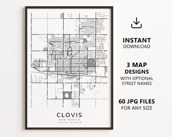 Mapa de Clovis, Novo México para imprimir – Download digital do mapa da cidade, mapa de ruas minimalista para decoração de parede.