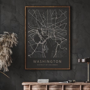 Mockup map print example. The map is displayed in a wooden frame on a black wall.
The example pictures are in portrait. The displayed map is in a dark color scheme.