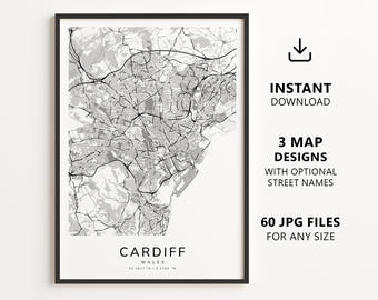 Cardiff, Wales Map Printable – Digital Download City Map Wall Art, Minimalist Street Map Poster
