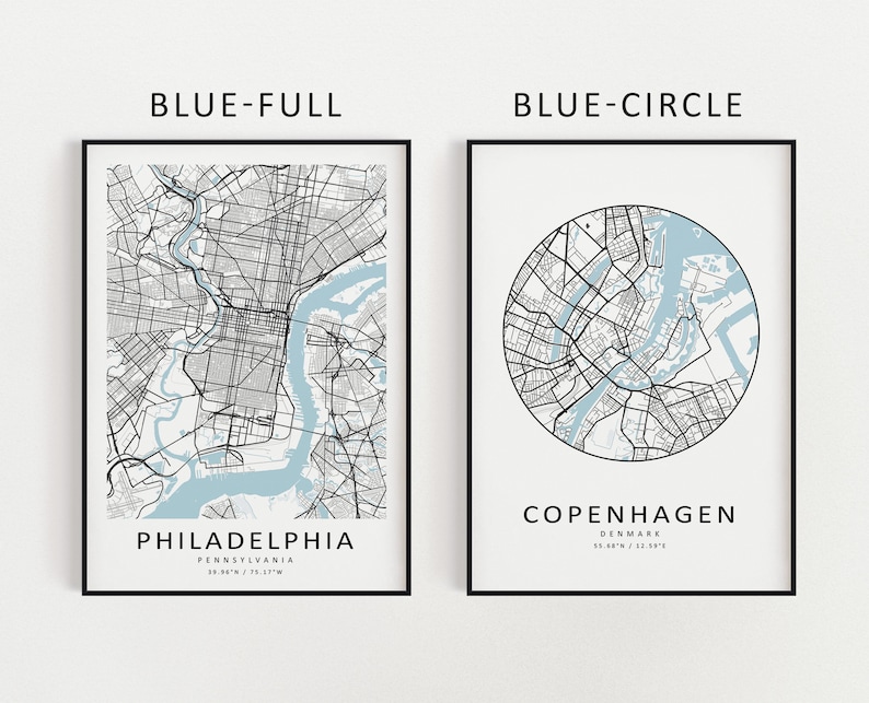 Mockup map print examples. Maps are displayed in black frames on a white wall.
The example pictures are in portrait. The displayed maps are in the light blue color scheme.