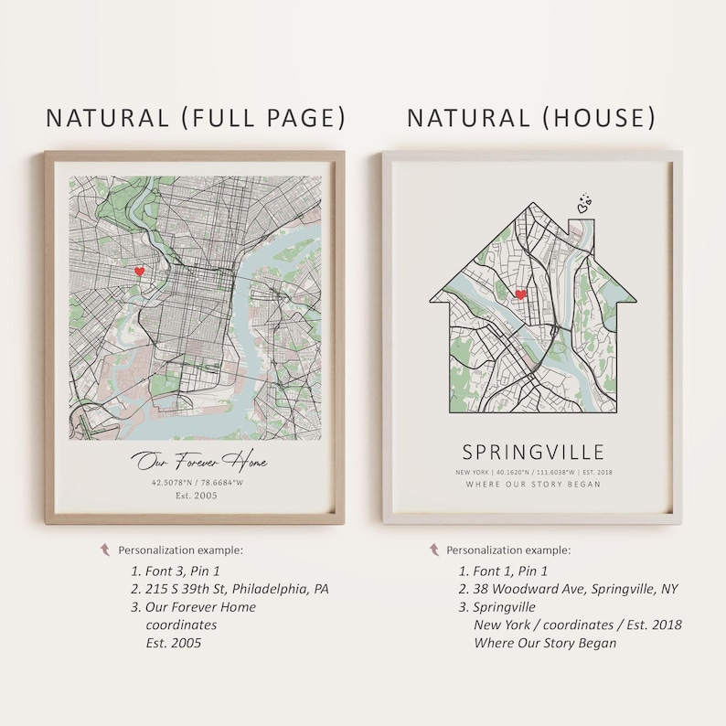 Pu&ograve; includere: Due modelli di mappe stampabili per un regalo di inaugurazione della casa. Il primo modello mostra una mappa a pagina intera di Filadelfia, Pennsylvania, con il testo "Our Forever Home" e le coordinate. Il secondo modello mostra una mappa a forma di casa di Springville, New York, con il testo "Springville, New York" e le coordinate. Entrambi i modelli includono il testo "Where Our Story Began".