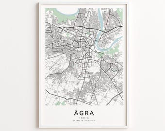 Āgra India Map Print – Detailed Street Map Wall Art, Modern City Map Poster, Home Wall Decor