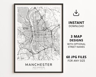 Manchester, New Hampshire Map Printable – Digital Download City Map Wall Art, Minimalist Street Map Poster