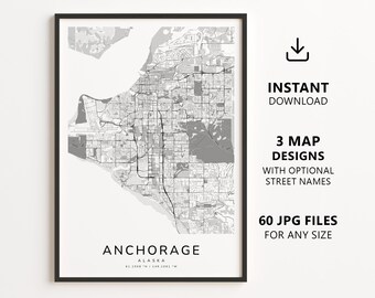 Mapa de Anchorage, Alasca para imprimir – Download digital do mapa da cidade, mapa de ruas minimalista para decoração de parede.