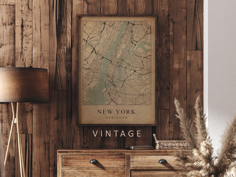Mockup map print example. Map is displayed in a wooden frame on a wooden wall. The Interior could be described as rustic or farmhouse chic.
The example picture is in portrait. The displayed map is in a vintage style.