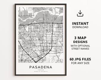 Pasadena, Texas Map Printable – Digital Download City Map, Minimalist Street Map Wall Art