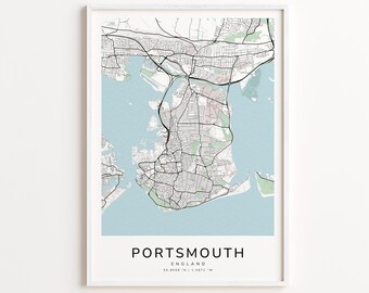 Portsmouth England Map Print – Detailed Street Map Wall Art, Modern City Map Poster, Travel Decor Gift