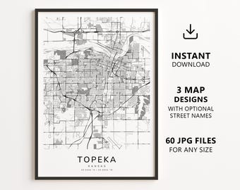 Topeka, Kansas Map Printable – Digital Download City Map, Minimalist Street Map Wall Art