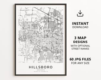 Hillsboro, Oregon Map Printable – Digital Download City Map, Minimalist Street Map Wall Art