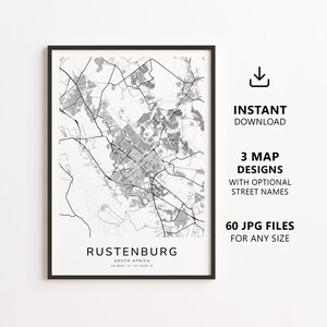 Op de afbeelding: Een ingelijste kaartafdruk van Rustenburg, Zuid-Afrika, met zwarte straatlijnen op een witte achtergrond. De tekst onderaan luidt RUSTENBURG SOUTH AFRICA 25.6667 S / 27.2428 E. Rechts staat de tekst INSTANT DOWNLOAD 3 MAP DESIGNS WITH OPTIONAL STREET NAMES 60 JPG FILES FOR ANY SIZE.