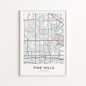 May include: A framed map print of Pine Hills, Florida, showing a detailed street grid and light blue water features. The print includes the city name and coordinates in a minimalist design, suitable for home decor.