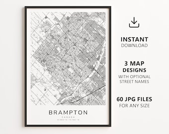Stadtplan von Brampton, Kanada zum Ausdrucken – Digitaler Download, minimalistischer Straßenplan als Wanddekoration