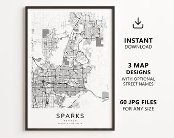 Sparks, Nevada Map Printable – Digital Download City Map Wall Art, Minimalist Street Map Poster