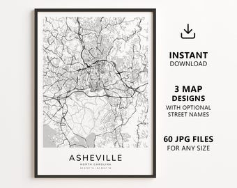 Mapa de Asheville, Carolina do Norte para imprimir – Download digital do mapa da cidade, mapa de ruas minimalista para decoração de parede.
