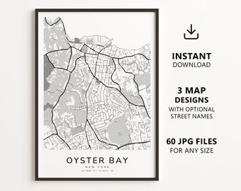 Mapa de Oyster Bay, Nova York para imprimir – Download digital, arte de parede com mapa da cidade, pôster minimalista com mapa de ruas.