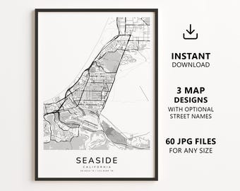 Seaside, California Map Printable – Digital Download City Map Wall Art, Minimalist Street Map Poster