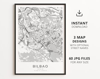 Stadtplan von Bilbao, Spanien zum Ausdrucken – Digitaler Download, minimalistisches Straßenkarten-Poster