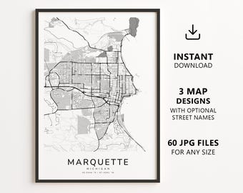 Marquette, Michigan – Stadtplan zum Ausdrucken – Digitaler Download, minimalistische Straßenkarte als Wandbild