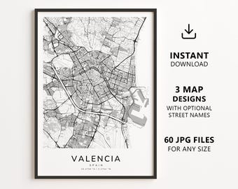 Valencia, Spain Map Printable – Digital Download City Map, Minimalist Street Map Wall Art