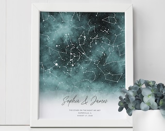May include: A teal blue watercolor background with white stars forming constellations. The text "Sophia & James" is written in cursive at the bottom of the image, along with the text "The stars on the night we met, Naperville, IL, August 17, 2018".