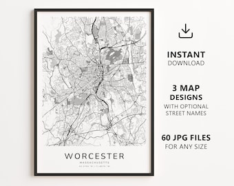 Worcester, Massachusetts Map Printable – Digital Download City Map Wall Art, Minimalist Street Map Poster