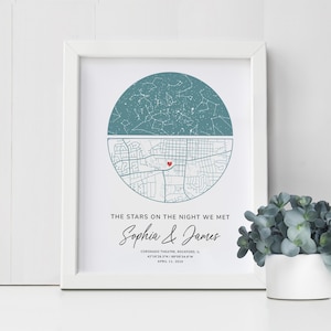 La nuit, tout a commencé, carte des étoiles personnalisée | Un premier anniversaire de mariage parfait pour un couple |  Souvenir de premier rendez-vous pour lui ou elle