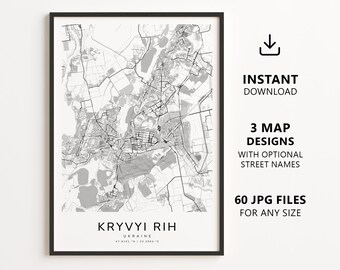 Stadtplan von Krywyj Rih, Ukraine – Digitaler Download, minimalistische Straßenkarte als Wandbild
