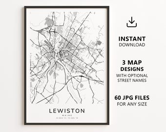 Mapa de Lewiston, Maine para imprimir – Download digital do mapa da cidade, mapa de ruas minimalista para decoração de parede.