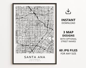 Mapa de Santa Ana, Califórnia para imprimir – Download digital, arte de parede com mapa da cidade, pôster minimalista com mapa de ruas.