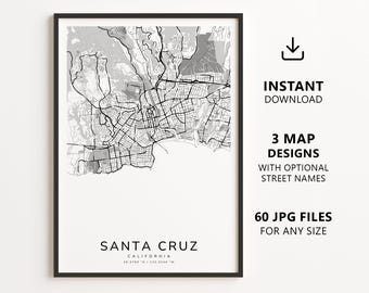 Santa Cruz, California Map Printable – Digital Download City Map Wall Art, Minimalist Street Map Poster