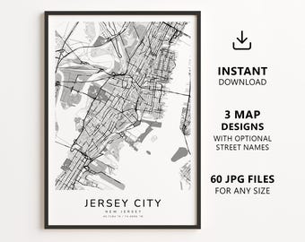 Mapa de Jersey City, Nova Jersey para imprimir – Download digital, arte de parede com mapa da cidade, pôster minimalista com mapa de ruas.