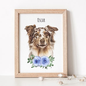 Watercolor dog portrait displayed in a wooden frame. Below the dog portrait flowers are displayed.