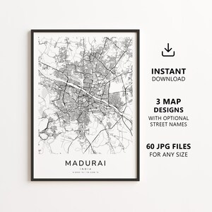 以下が含まれることがあります： インドのマドゥライの白黒地図プリント。詳細な道路網、川、下部に「MADURAI INDIA 9.9252 N / 78.1198 E」の文字が記載されています。右側には「INSTANT DOWNLOAD」、「3 MAP DESIGNS WITH OPTIONAL STREET NAMES」、「60 JPG FILES FOR ANY SIZE」というテキストが表示されています。