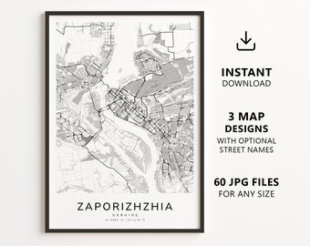 Karte von Saporischschja, Ukraine zum Ausdrucken – Digitaler Download: Stadtplan als Wandbild, minimalistisches Straßenkartenposter