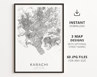 Karatschi, Pakistan – Stadtplan zum Ausdrucken – Digitaler Download, minimalistische Straßenkarte als Wandbild