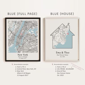 Pu&ograve; includere: Una mappa di New York City in blu e bianco con un puntatore a forma di cuore rosso che segna una posizione. La mappa &egrave; incorniciata in una cornice nera. Il testo sotto la mappa recita "New York, Where It All Began, 21 August 2017". Una seconda immagine mostra una mappa di una casa in blu e bianco con un puntatore a forma di cuore rosso che segna una posizione. La mappa &egrave; incorniciata in una cornice bianca. Il testo sotto la mappa recita "Ema & Theo, Our Forever Home, Est. 2015".