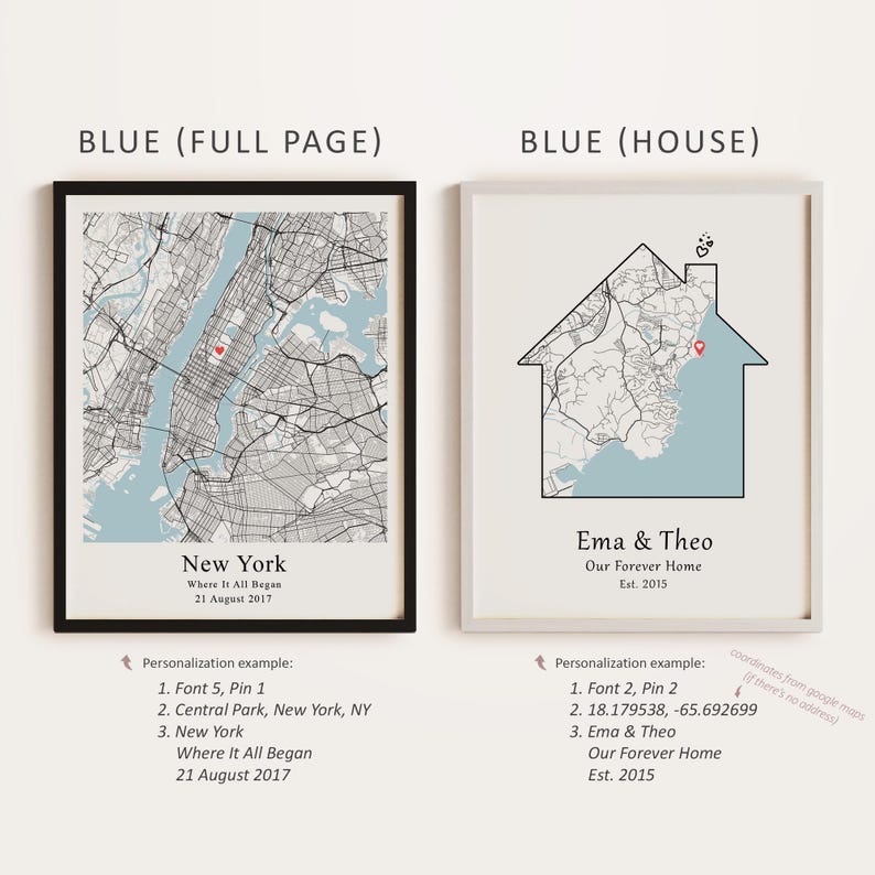 Pu&ograve; includere: Una mappa di New York City in blu e bianco con un puntatore a forma di cuore rosso che segna una posizione. La mappa &egrave; incorniciata in una cornice nera. Il testo sotto la mappa recita "New York, Where It All Began, 21 August 2017". Una seconda immagine mostra una mappa di una casa in blu e bianco con un puntatore a forma di cuore rosso che segna una posizione. La mappa &egrave; incorniciata in una cornice bianca. Il testo sotto la mappa recita "Ema & Theo, Our Forever Home, Est. 2015".