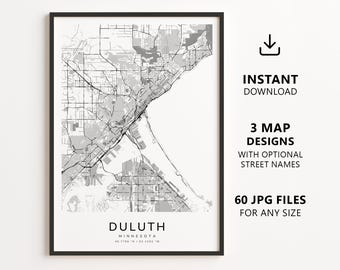 Duluth, Minnesota Map Printable – Digital Download City Map Wall Art, Minimalist Street Map Poster