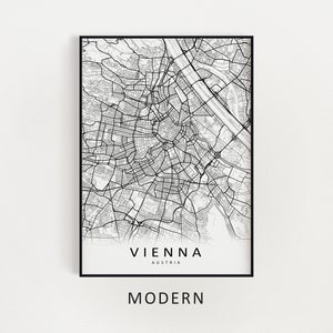 K&ouml;nnte beinhalten: Ein Schwarzwei&szlig;-Kartenabdruck von Wien, &Ouml;sterreich. Die Karte zeigt die Stra&szlig;en und Sehensw&uuml;rdigkeiten der Stadt. Der Text "WIEN" und "&Ouml;STERREICH" ist unter der Karte gedruckt. Der Text "MODERN" ist unter der Karte gedruckt.
