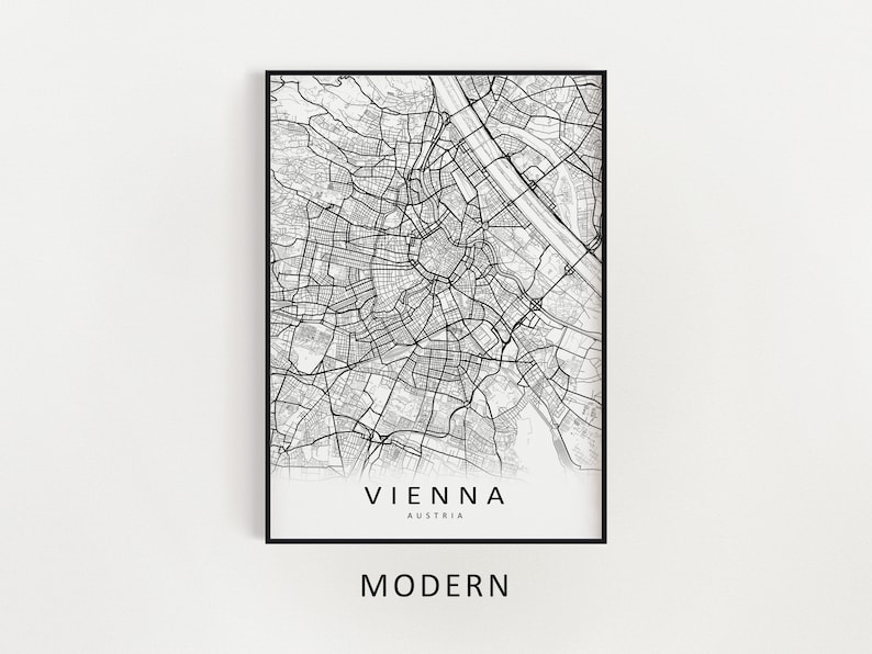 K&ouml;nnte beinhalten: Ein Schwarzwei&szlig;-Kartenabdruck von Wien, &Ouml;sterreich. Die Karte zeigt die Stra&szlig;en und Sehensw&uuml;rdigkeiten der Stadt. Der Text "WIEN" und "&Ouml;STERREICH" ist unter der Karte gedruckt. Der Text "MODERN" ist unter der Karte gedruckt.