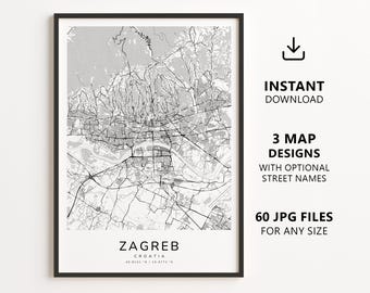 Zagreb, Kroatien – Stadtplan zum Ausdrucken – Digitaler Download, minimalistischer Straßenplan als Wandbild