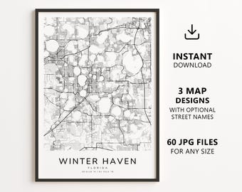 Mapa de Winter Haven, Flórida para imprimir – Download digital, arte de parede com mapa da cidade, pôster minimalista com mapa de ruas.