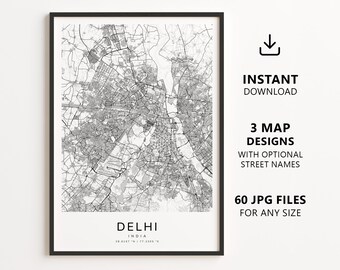 Delhi, Indien – Stadtplan zum Ausdrucken – Digitaler Download, minimalistischer Straßenplan als Wandbild