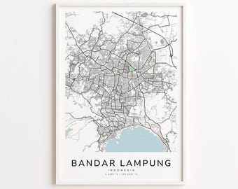 Bandar Lampung Indonesia Map Print – Detailed Street Map Wall Art, Modern City Map Poster, Travel Decor Gift