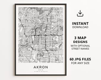 Akron, Ohio Map Printable – Digital Download City Map Wall Art, Minimalist Street Map Poster