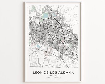 León de los Aldama Mexico Map Print – Detailed Street Map Wall Art, Modern City Map Poster, Travel Decor Gift