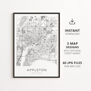 May include: A black and white map print of Appleton, Wisconsin, featuring a detailed street grid, highway network, and water features. The text reads APPLETON WISCONSIN 44.2687 N / 88.3929 W. The design is framed in a thin black border.
