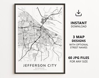 Mapa de Jefferson City, Missouri para imprimir – Download digital, arte de parede com mapa da cidade, pôster minimalista com mapa de ruas.