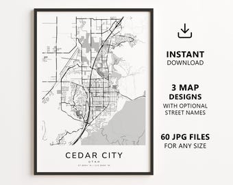 Mapa de Cedar City, Utah para imprimir – Download digital, arte de parede com mapa da cidade, pôster minimalista com mapa de ruas.