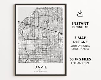 Davie, Florida Map Printable – Digital Download City Map, Minimalist Street Map Wall Art
